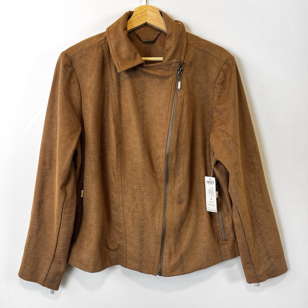 NWT Chico's Faux Suede Motorcycle Jacket Collared Brown Zip Up Size 3 16/18